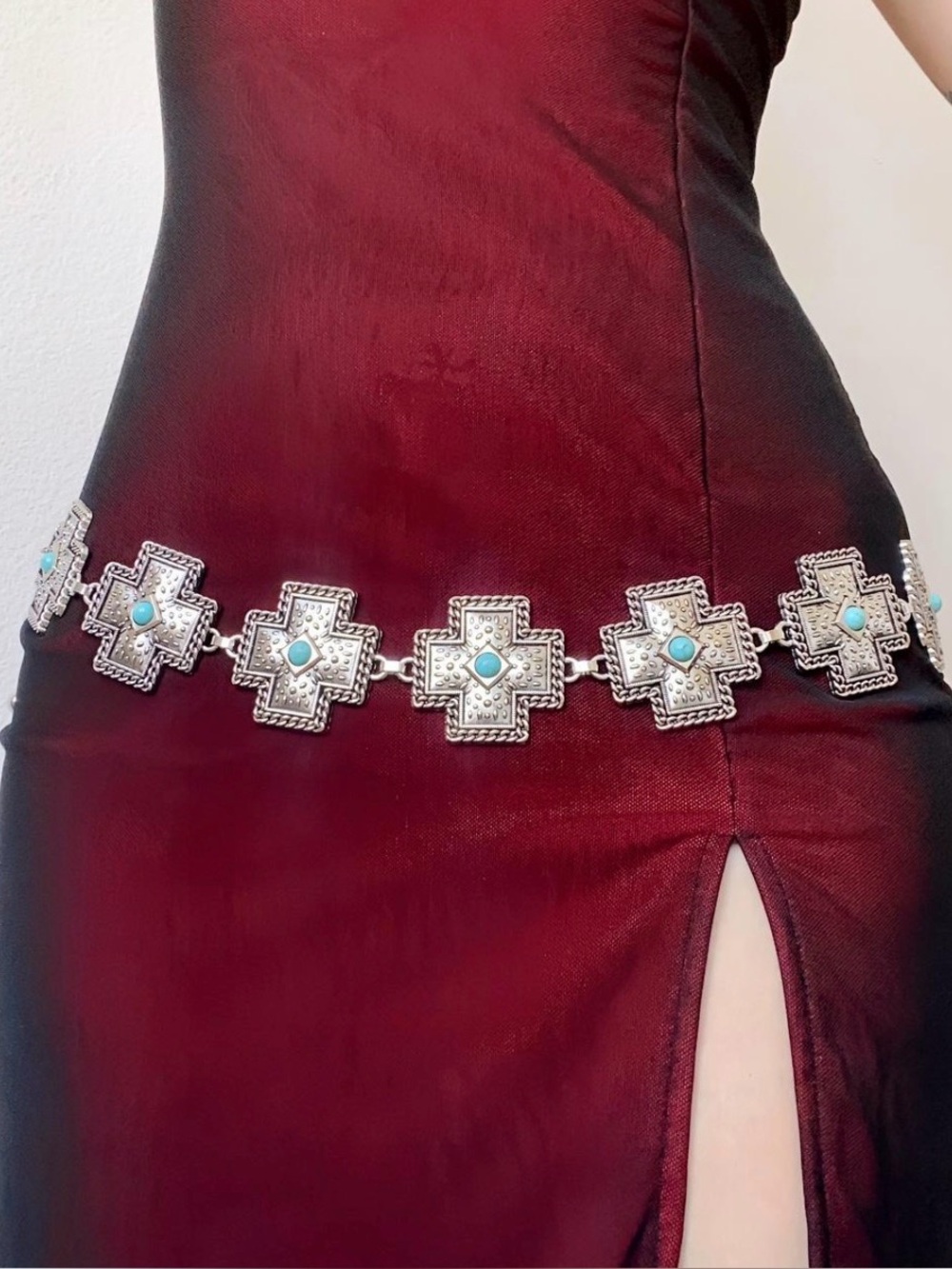 Silver Tone  Turquoise Western Bohemian Cross Pendant Body Chain Belt